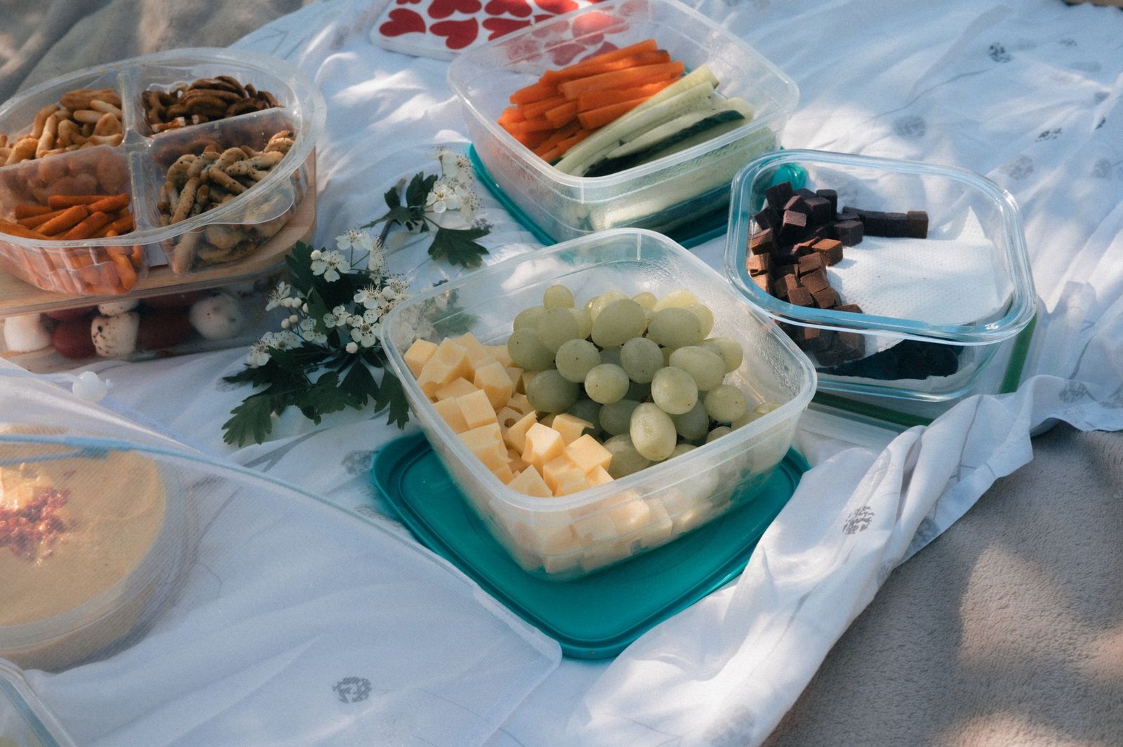 Picnic setup with containers of fruits, vegetables, and snacks arranged on a blanket, ideal for summer outings.