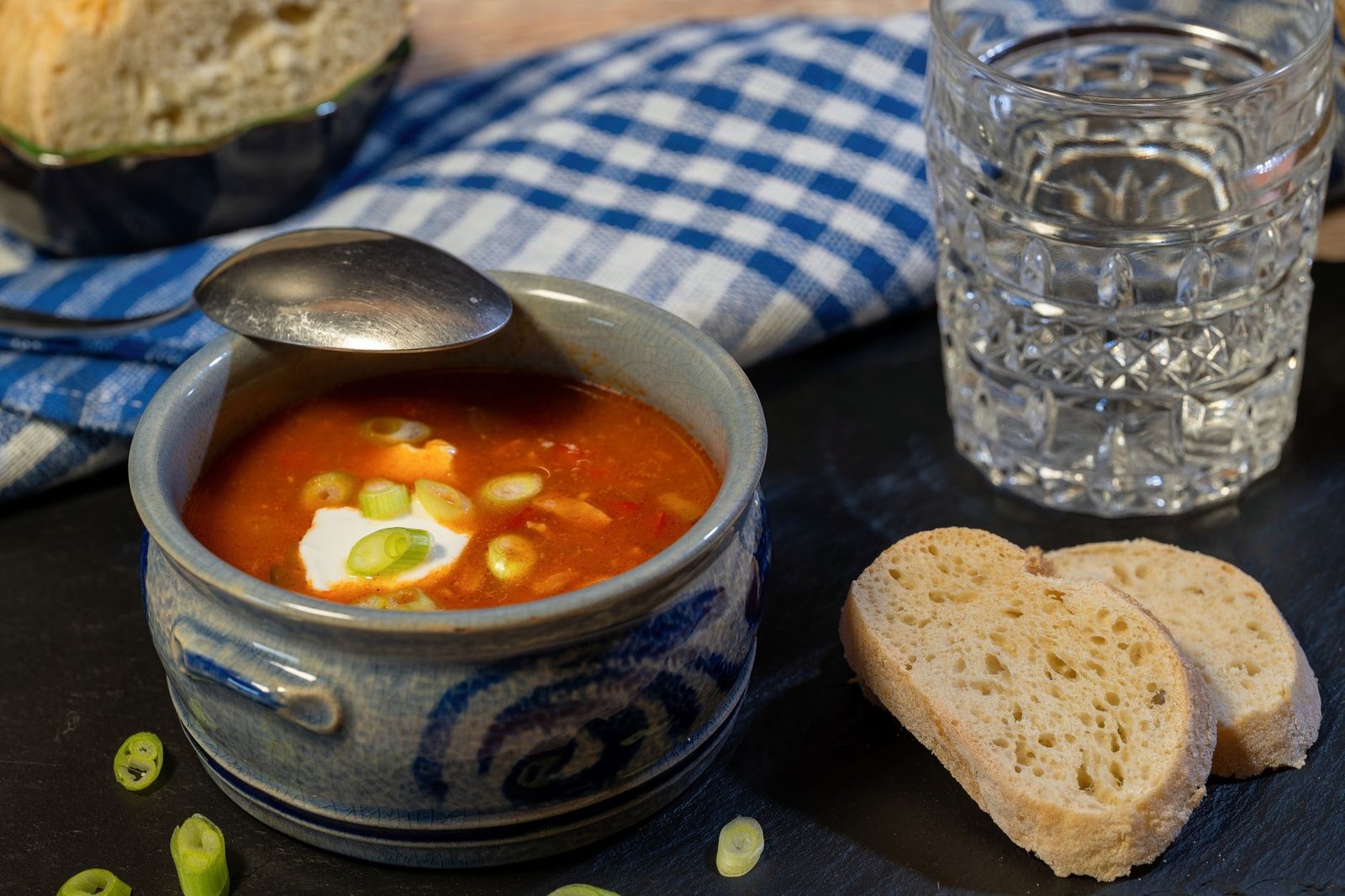 Bowl of hearty solyanka soup with sour cream, garnished with green onions, served with bread slices.