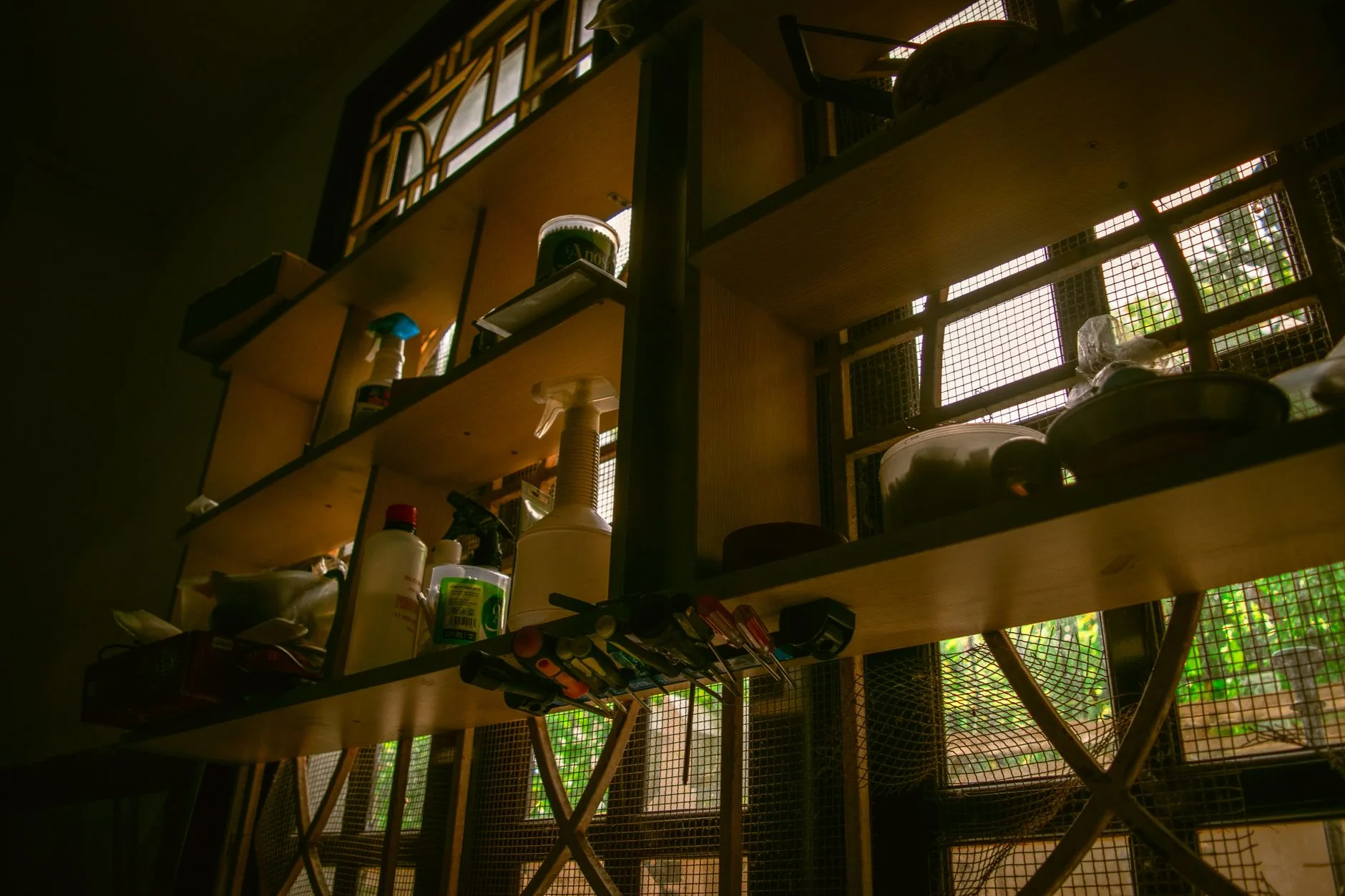 Rustic indoor kitchen shelves filled with cleaning supplies and utensils by a window.